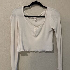 White Long Sleeve Henley Waffle Knit Top